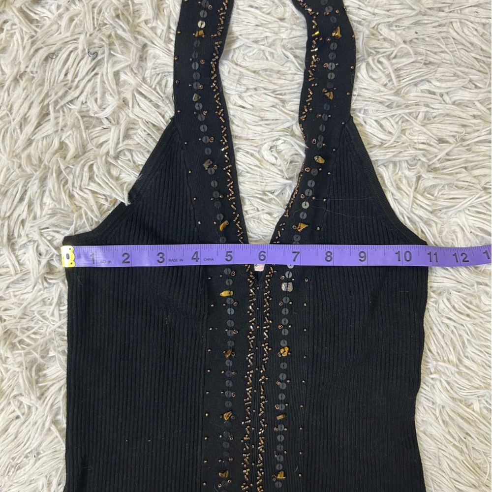 ◾️Vintage Y2K Papaya Halter Neck Embellished Ribbed V Neck Top - Picture 4 of 8